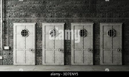 A gloomy, dark corridor in a prison or dungeon with a row of four heavy metal cell doors and a textured, old brick wall background. 3D render. Stock Photo