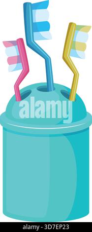 A blue container with three toothbrushes in it Stock Vector