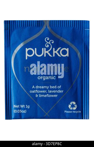 Sachet of Pukka night time organic teabag tea bag a dreamy bed of oatflower lavender & limeflower  isolated on white background Stock Photo