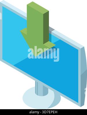A computer monitor with a green arrow pointing down. The arrow is on a blue screen Stock Vector