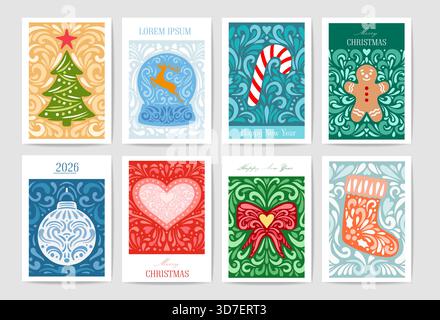 Merry christmas banners vector illustration set templates. Merry and Bright Corporate Holiday cards. Universal abstract creative cards. Stock Vector