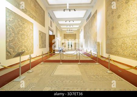 Timgad museum hall showcasing detailed roman mosaic art on walls and floors, depicting historical patterns, Algeria Stock Photo