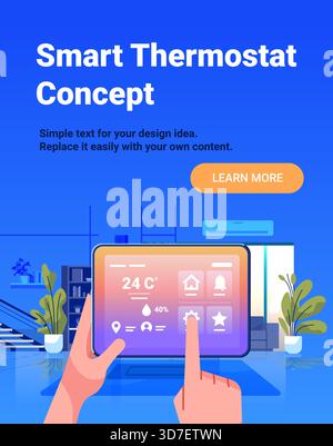 Smart thermostat concept home automation tablet control digital interface hand adjusting temperature modern living room plants blue gradient Stock Vector