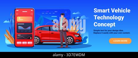 Smart vehicle technology concept man using smartphone controls red car digital dashboard modern interface blue background web banner Stock Vector
