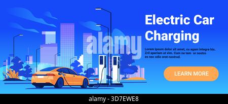 Electric car charging station cityscape modern vehicle plugged into charger urban background blue gradient web banner template Stock Vector