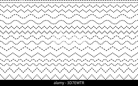 Dotted line wave. Dashed border corrugated patterns. Curved horizontal stripes. Stock Vector