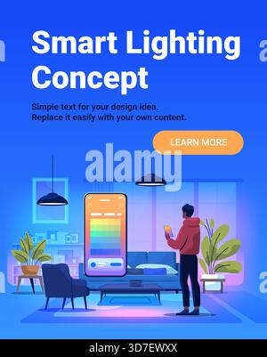 Smart lighting concept home automation control man using smartphone app modern living room colorful ambient lights plants furniture web banner Stock Vector
