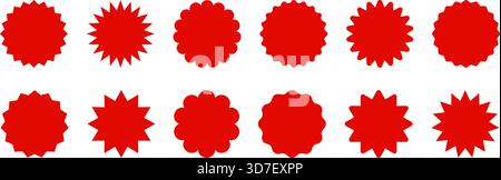 Red starburst sticker badge with radiant rays. Promotional star shaped icon for sale offers, discount labels, and retail price tags on isolated white background. Stock Vector