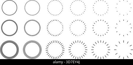 Line rays in a circle. Round frame pattern with geometric strokes. Ring of dash outline elements. Stock Vector