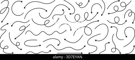 Black arrow icons with curved lines and dynamic loops. Set for infographics, navigation design, and web direction pointers with elegant swirls. Stock Vector