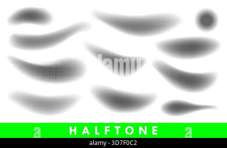 Vector round halftone gradient textures. Set of halftone dots pattern. Dotted spots in circle silhuettes on white background. Stock Vector