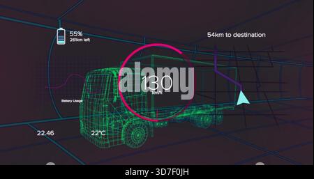 Displaying neon-green-wireframe-semi-truck in 3D grid tunnel, showing 130 km or h gauge, 55%, 54km Stock Photo
