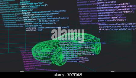 Rendering green wireframe car model hovering over grid plane in virtual workspace, with code panels Stock Photo