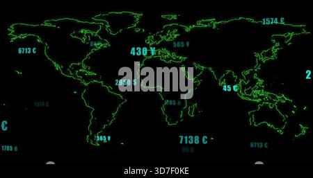Displaying neon-green world map outline pulsing with cyan labels and currency symbols on dark HUD Stock Photo