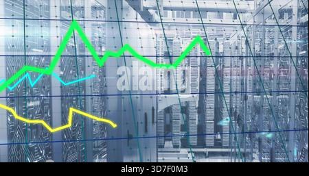 Displaying server racks humming inside data center, showing overlay green yellow cyan line charts Stock Photo