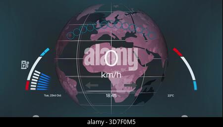 Displaying stylized globe centered in digital dashboard, showing 0 km or h, markers, 18:45, gauges Stock Photo