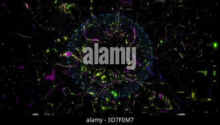 Rotating glowing ring forming dark void in digital plane with blue gauge, neon ripples Stock Photo