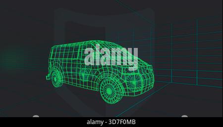 Displaying wireframe mid-sized van model occupying center in digital 3D showroom, with grid floor Stock Photo