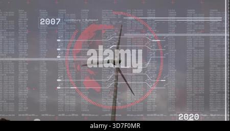 Showing wind turbine tower nacelle rotor at wind farm overlaying red globe data lines 2007 2020 Stock Photo