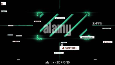 Displaying central neon teal slash cluster on black HUD, showing white ID tags and avatars Stock Photo