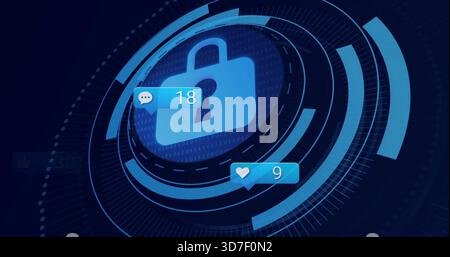 Displaying central padlock pulsing inside HUD rings on dark blue panel, with chat18 heart9 badges Stock Photo