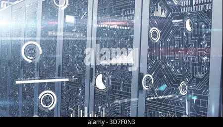 Illuminating row of server cabinets showing HUD graphics in data center, with LED indicators Stock Photo