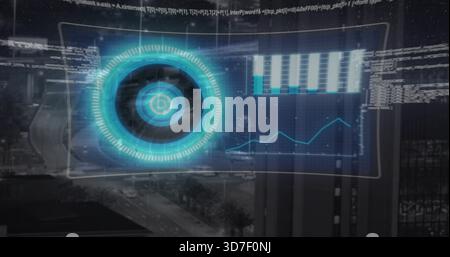 Displaying holographic HUD overlaying downtown boulevard, showing cyan radar, bar chart, palm trees Stock Photo