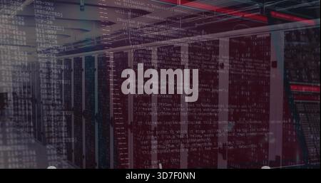 Showing server racks and 19in cabinets lining data center aisle, with patch panels, cabling, ladder Stock Photo