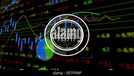 Displaying central HUD showing three stacked numbers on dark trading dashboard, with candlesticks Stock Photo