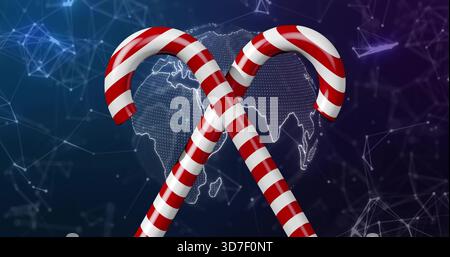 Displaying two glossy candy canes crossing in digital artwork, with dotted globe and network lines Stock Photo
