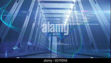 Showing server racks, floor lining datacenter corridor to secured door, holographic waveform, LEDs Stock Photo