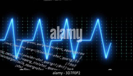 Displaying neon-blue waveform trace glowing across dark dashboard with teal dot grid, code Stock Photo