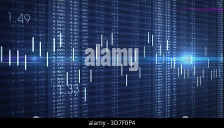 Displaying market chart centered on screen, showing candlestick bars, numeric grid, light streaks Stock Photo