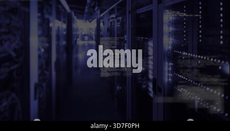 Glowing rack-mounted servers lining data center corridor, showing LED lights and fiber cables Stock Photo