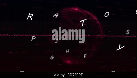 Pulsing particle globe centered on black showing red dotted waveform, floating letters, readouts Stock Photo