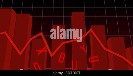 Displaying red 3D bars with jagged line trending downward across dashboard with glowing BUY letters Stock Photo