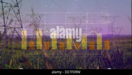Displaying translucent bar-line chart over rural field at sunset, showing tower and numeric labels Stock Photo