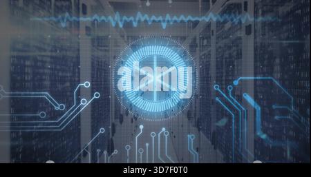 Projecting blue circular HUD overlaying data center aisle, showing server racks and LED indicators Stock Photo