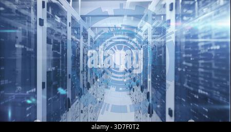 Displaying central server corridor in data center, showing rack servers, glass doors, HUD overlay Stock Photo