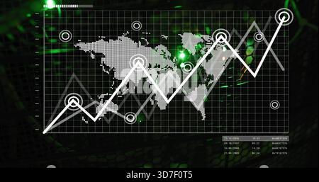 Displaying white zigzag graph with nodes climbing across HUD grid, dotted map and green flares Stock Photo