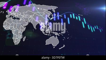 Displaying grey Eastern globe map over dark panel, showing neon bars, line graph, numeric markers Stock Photo