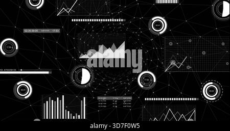 Displaying data dashboard and node mesh on dark canvas, showing area, line, bar charts and gauges Stock Photo