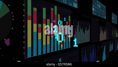 Displaying central stacked vertical bars on control wall showing glowing binary digits and ticks Stock Photo