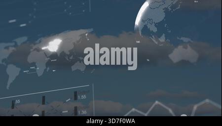 Displaying dotted half-globe and transparent world map over cloudy sky, with HUD charts, copy space Stock Photo