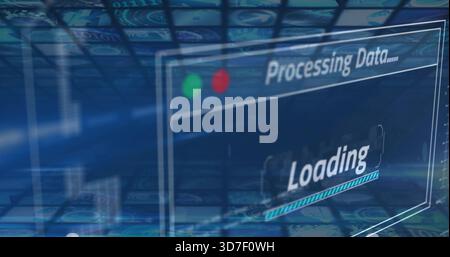 Displaying glassy UI panel processing data on data grid, showing green red leds and loading bar Stock Photo
