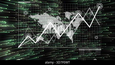 Displaying white zigzag line graph centered on virtual dashboard, showing dotted world map and grid Stock Photo
