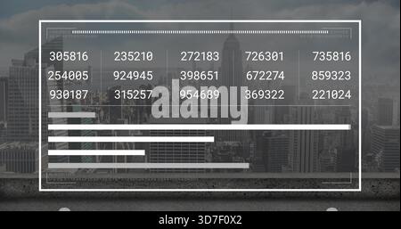 Displaying centered translucent HUD overlay on rooftop ledge showing six-digit grid, progress bars Stock Photo