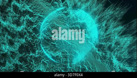 Pulsing wireframe globe occupying center in virtual data space, radiating particle waves Stock Photo