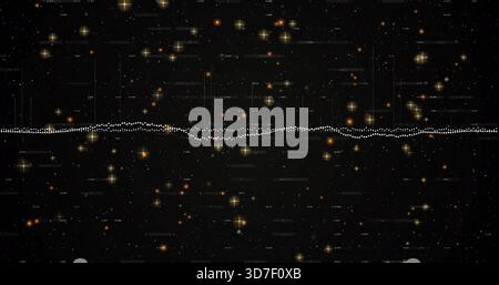 Displaying dotted waveform running across center of cosmic starfield with grid and bright stars Stock Photo