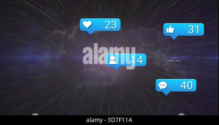 Floating 4 blue badges hovering over nebula bright light burst warp lines starfield 23,14,31,40 Stock Photo